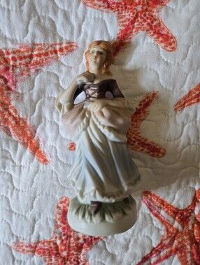 Vintage FBIA Bisque Porcelain Colonial Lady Figurine Taiwan Gold Sticker